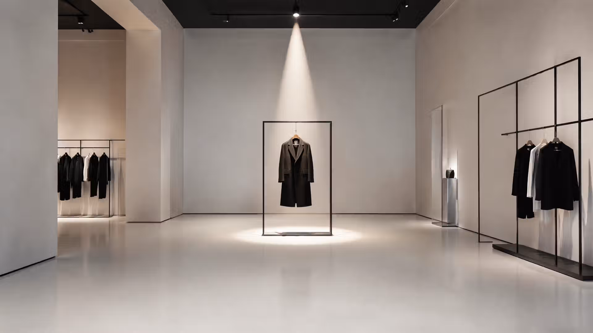 Gallery_Minimalism_001 極簡風格的時裝室內設計,利用單點商業燈光佈置聚焦特定商品,展現高級感的品牌空間設計與沉浸式零售體驗。