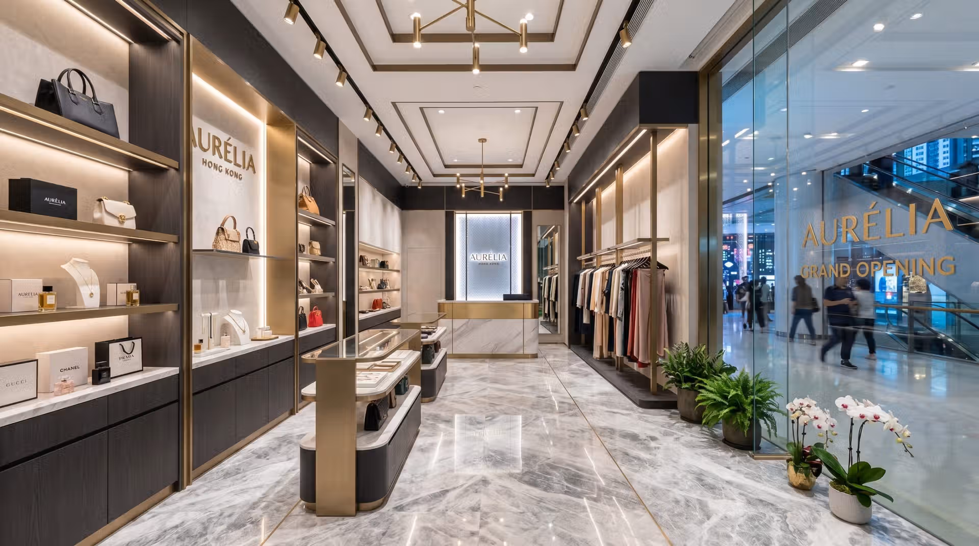 Retail_002 品牌精品店佈局,展示高端時裝室內設計、大理石地台與商業燈光佈置,透過開放式店鋪門面提升進店率。