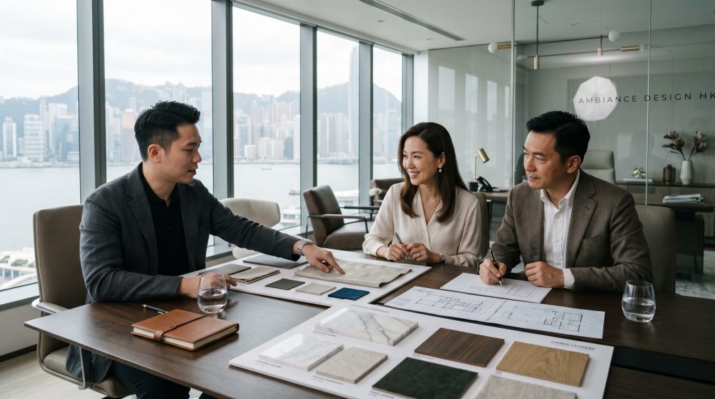 專業設計團隊正與客戶進行深度諮詢，展現公司喺香港裝修出牌及合規設計方面嘅專業知識。