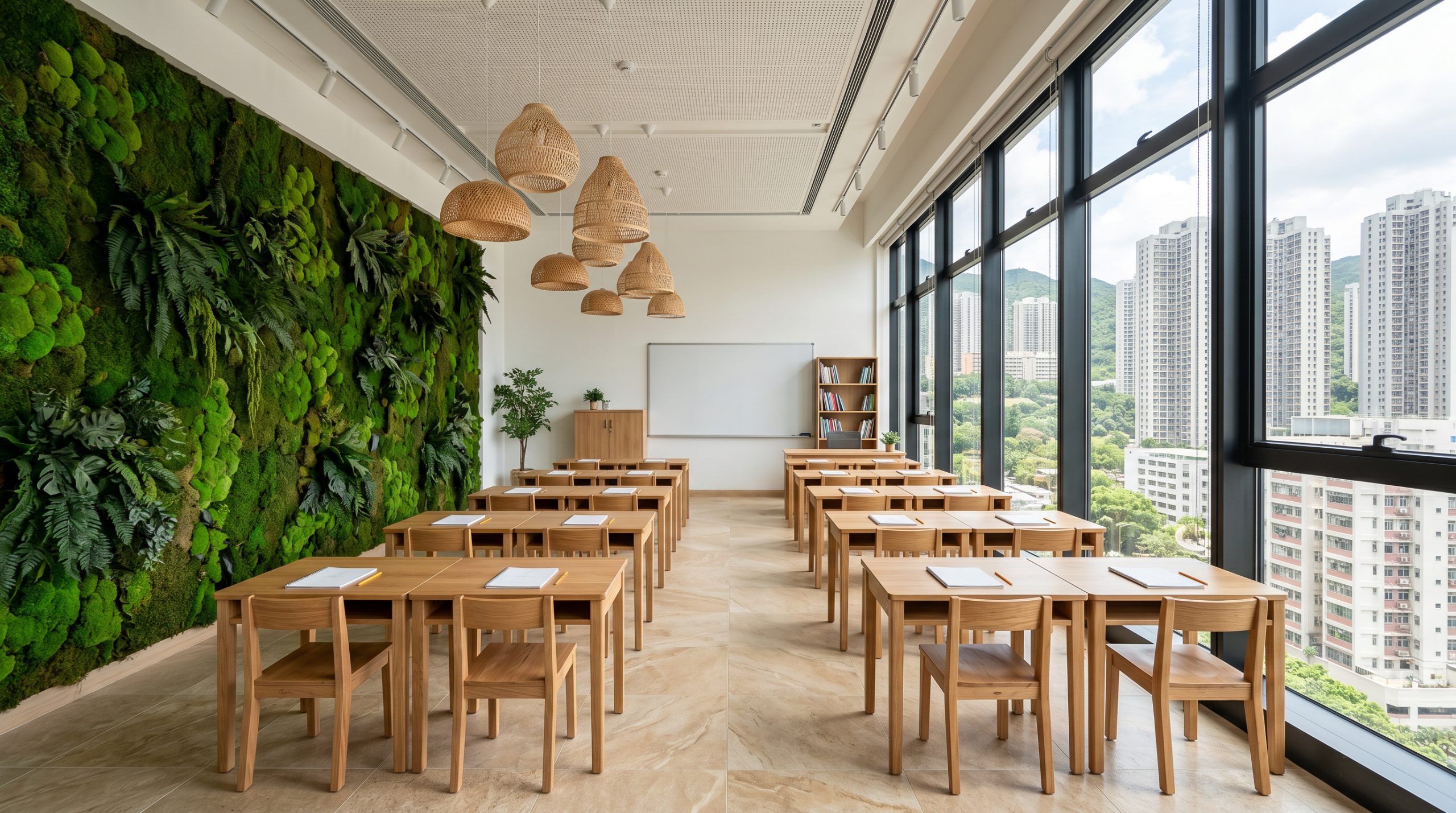 結合自然元素的幼兒園空間規劃，接待處背景採用垂直綠化與木質設計，落實環保無毒材料的應用。