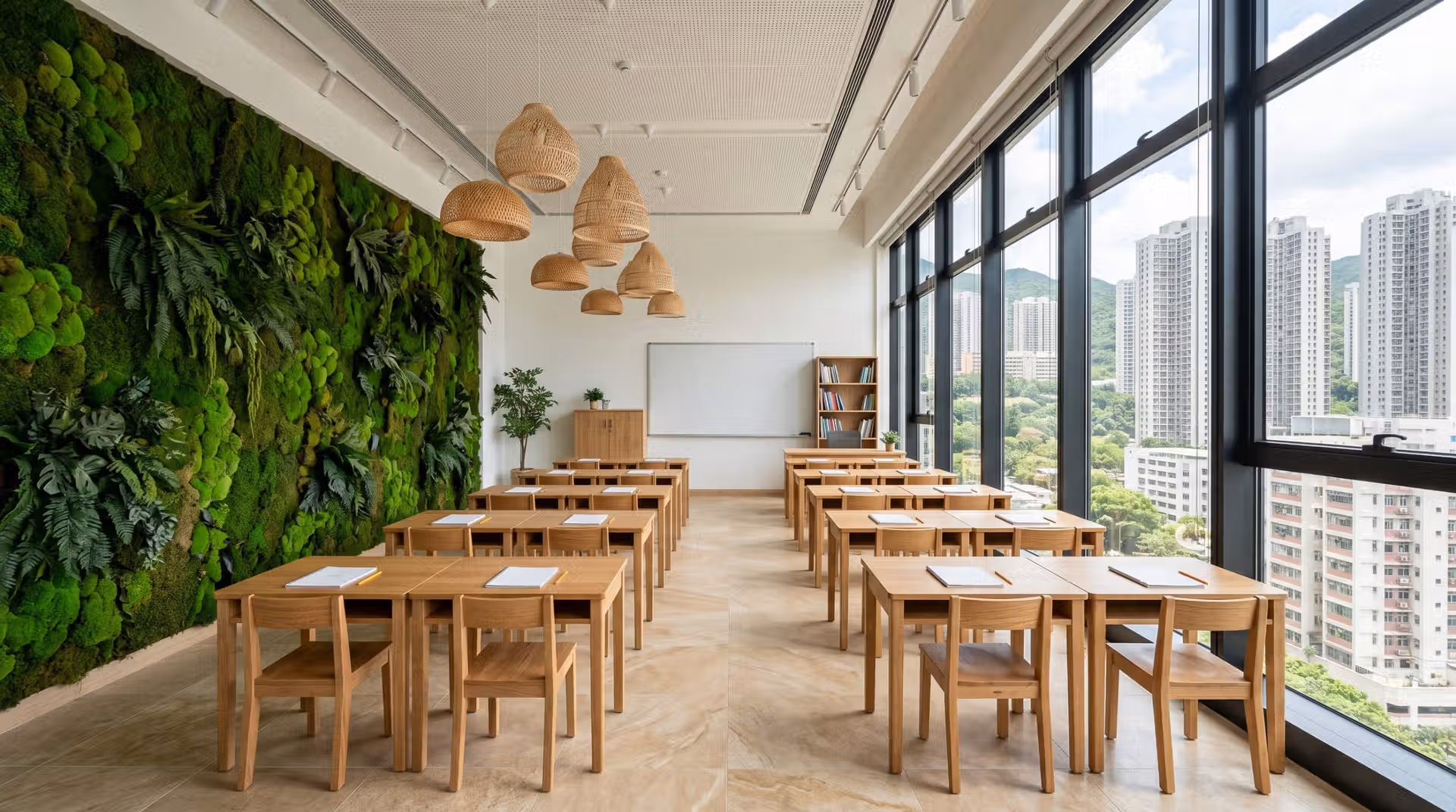結合自然元素的幼兒園空間規劃，接待處背景採用垂直綠化與木質設計，落實環保無毒材料的應用。