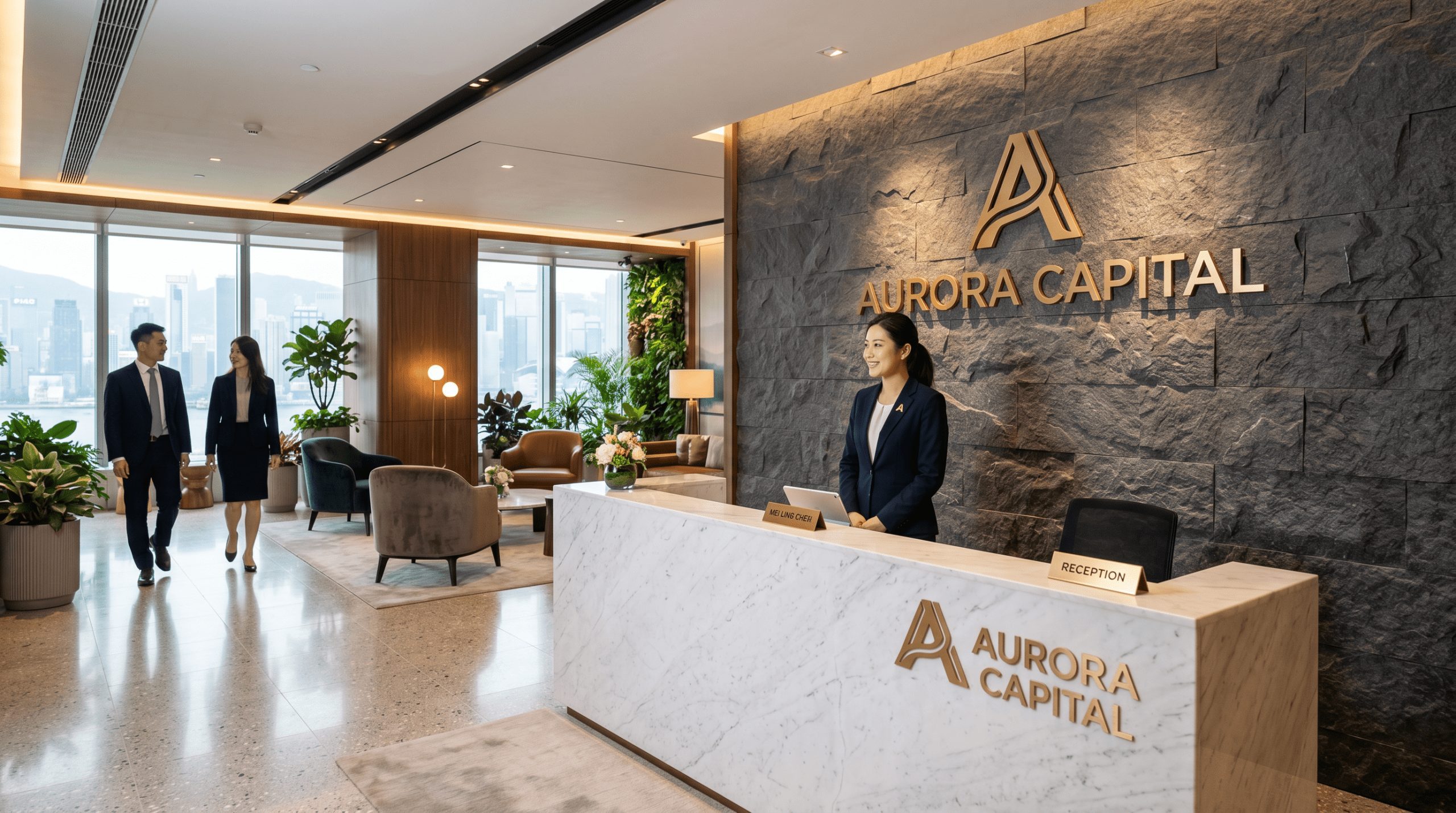 提升企業形象裝修的智能辦公室接待大堂，運用石材牆面與大理石櫃檯，打造具備專業感的甲級寫字樓入口。