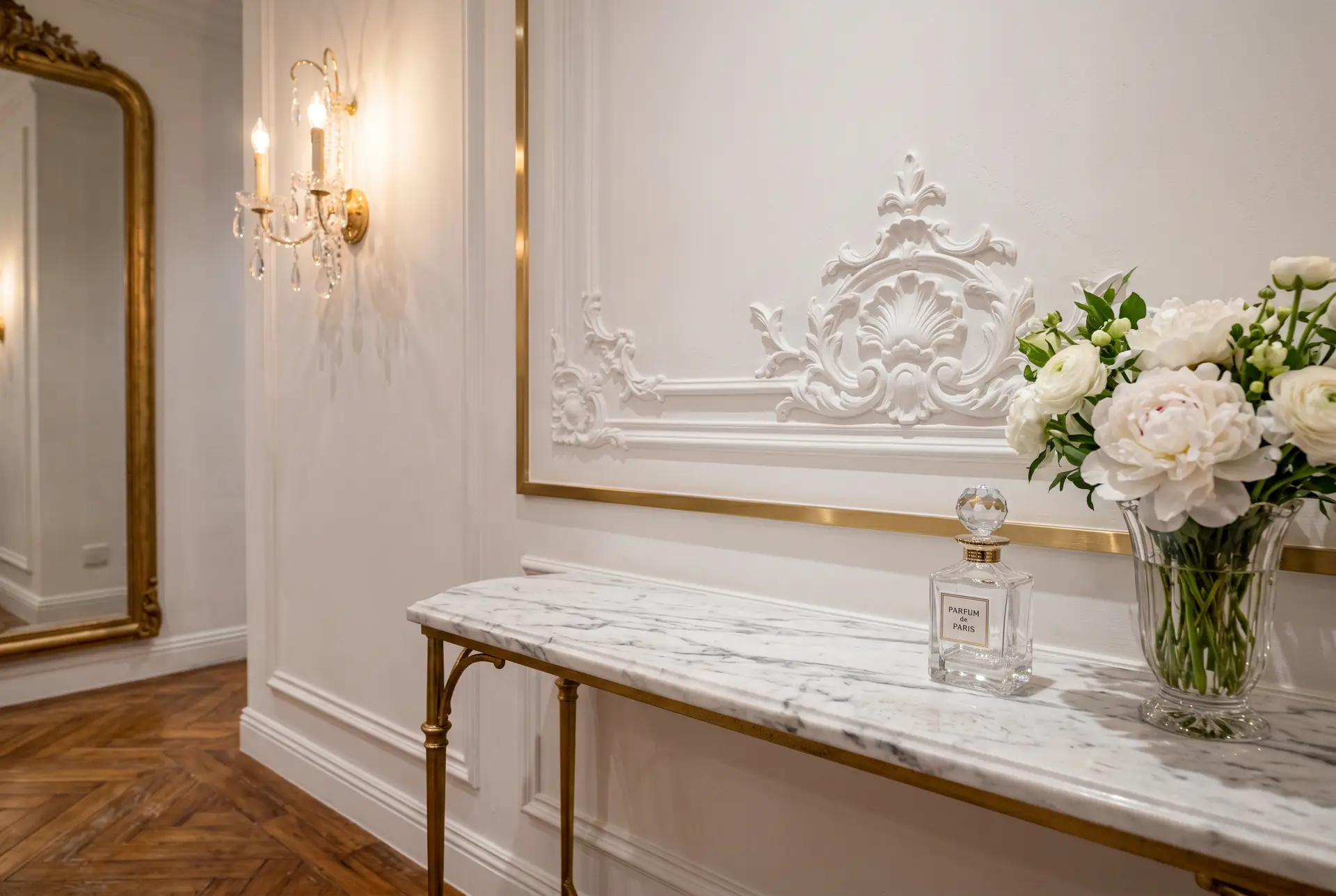 french_chic_3_detail_1 精緻嘅醫美中心裝修細節,展示法式線條牆面與金屬裝飾結合嘅療癒系室內設計風格。