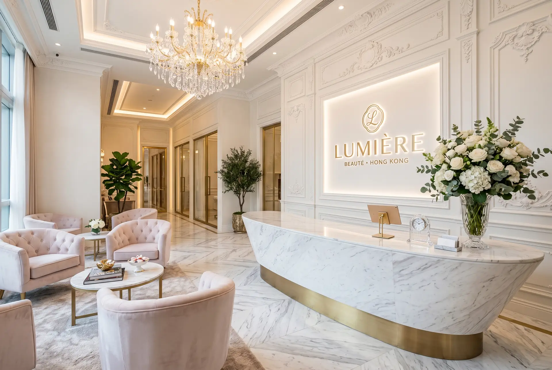 french_chic_4_reception_1 高端法式風格嘅美容院裝修設計接待處,運用明亮色調與大理石元素打造專業嘅醫美中心裝修形象。