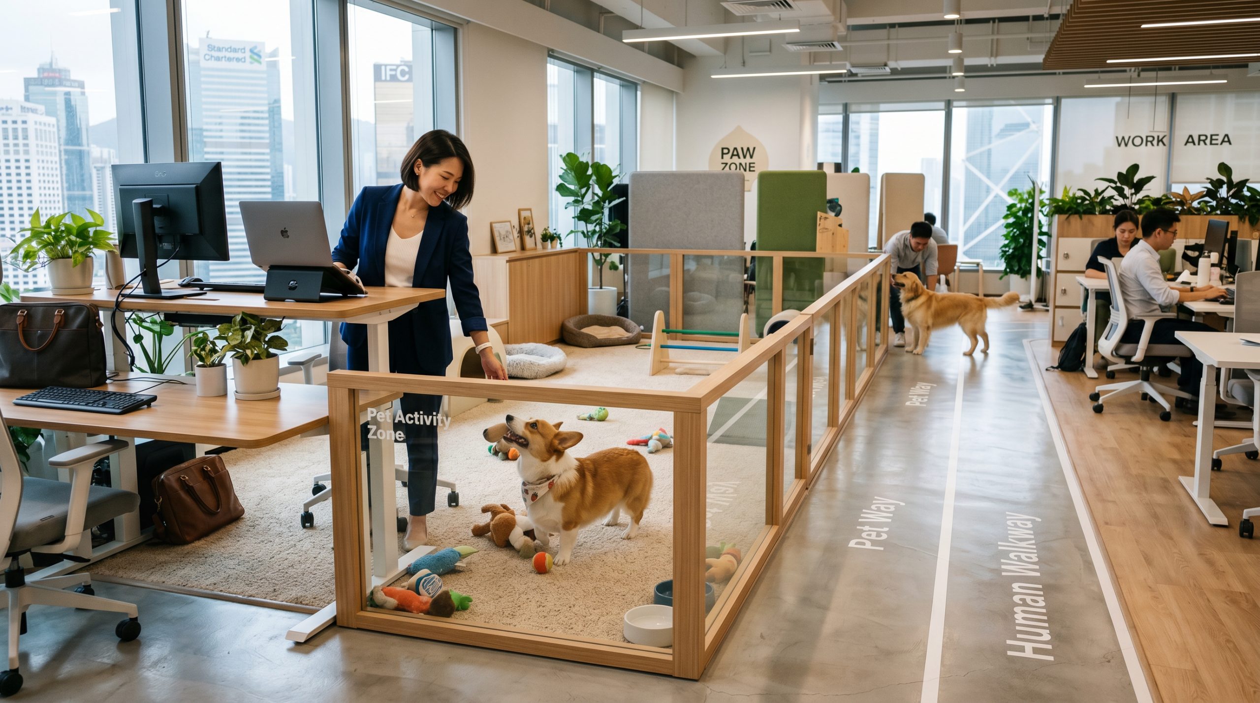 商用寵物友善辦公空間規劃，透過透明寵物閘門劃分專屬寵物活動區，並設計人寵分隔動線以確保寵物安全。