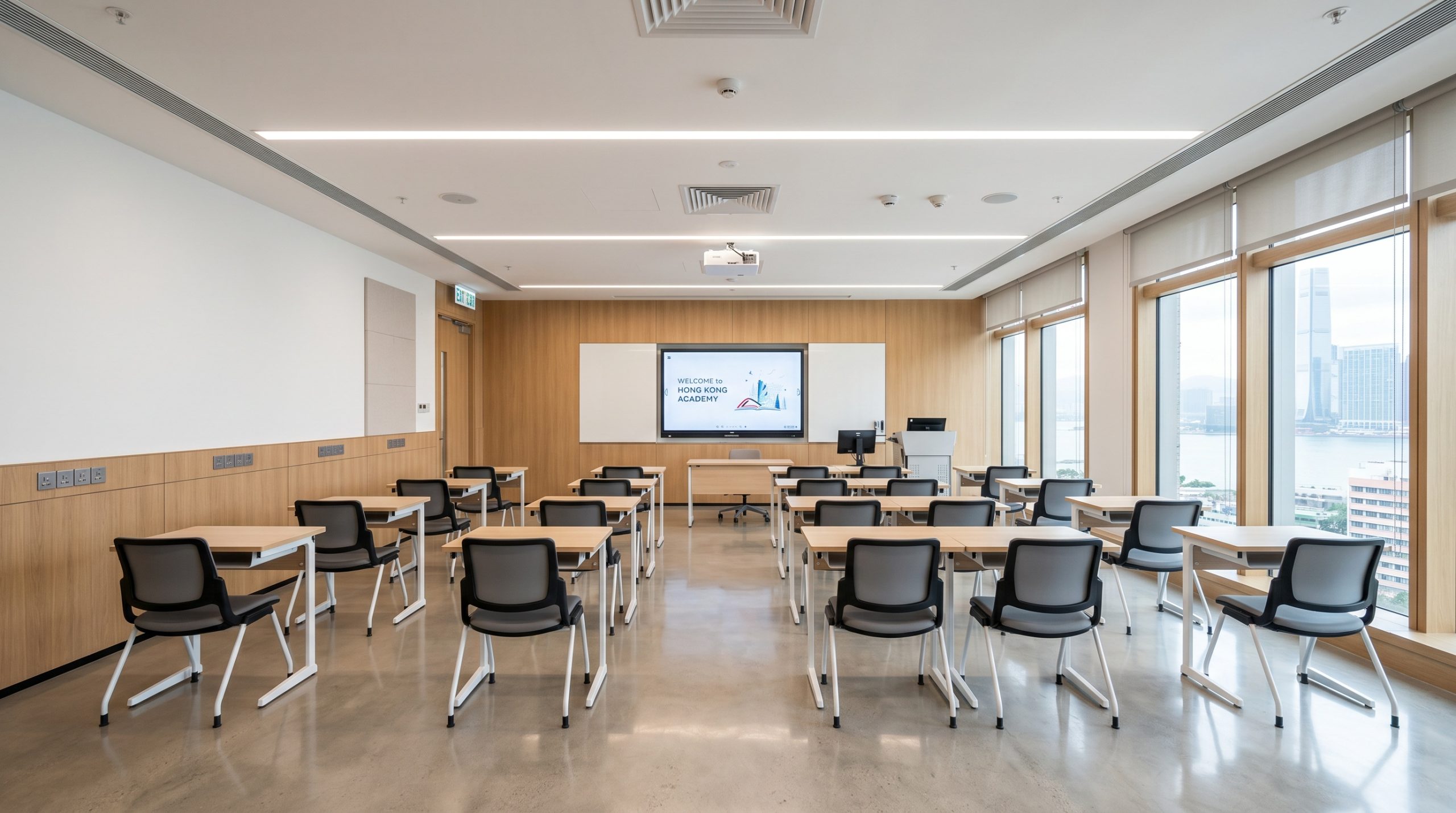 學校翻新工程完工交付現場，展示符合安全標準嘅全新教學空間，體現高品質嘅教育中心裝修成果。