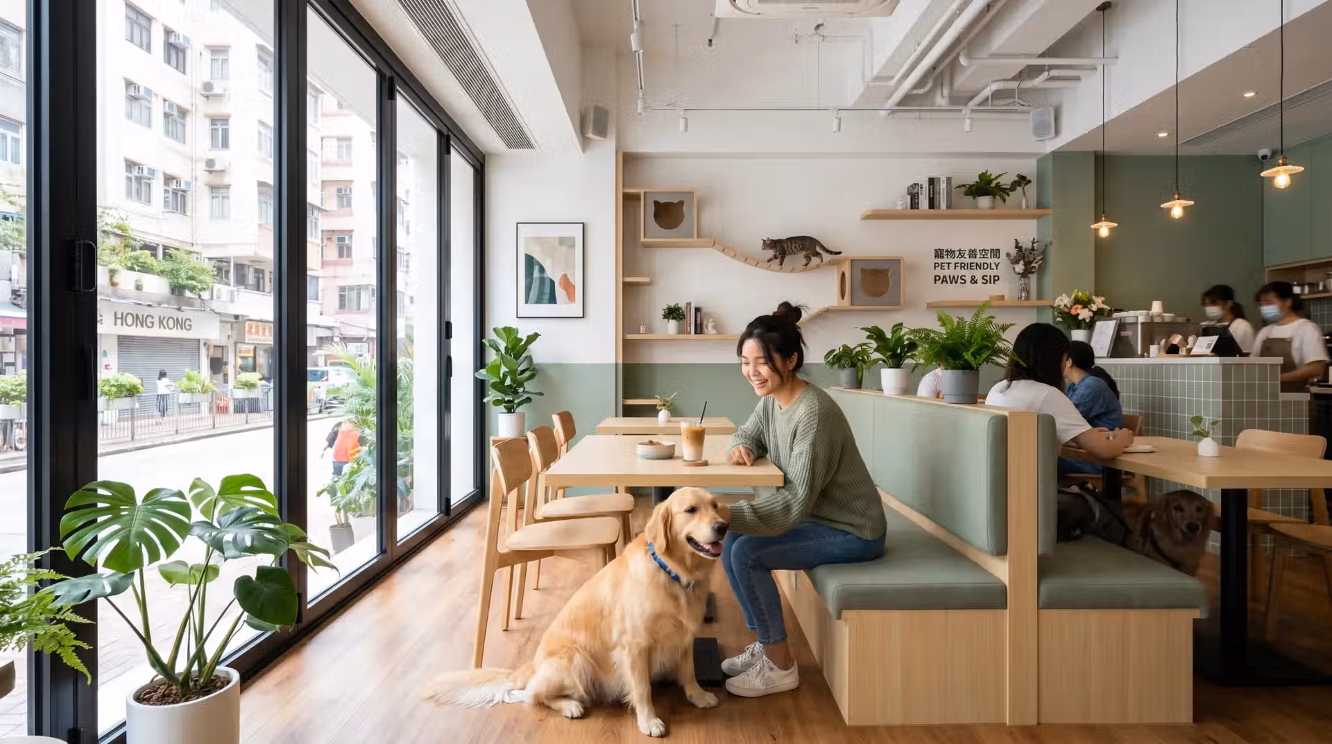 寵物友善空間設計實景，採用環保無毒材料與防滑地板，適合寵物美容店或寵物酒店裝修參考。