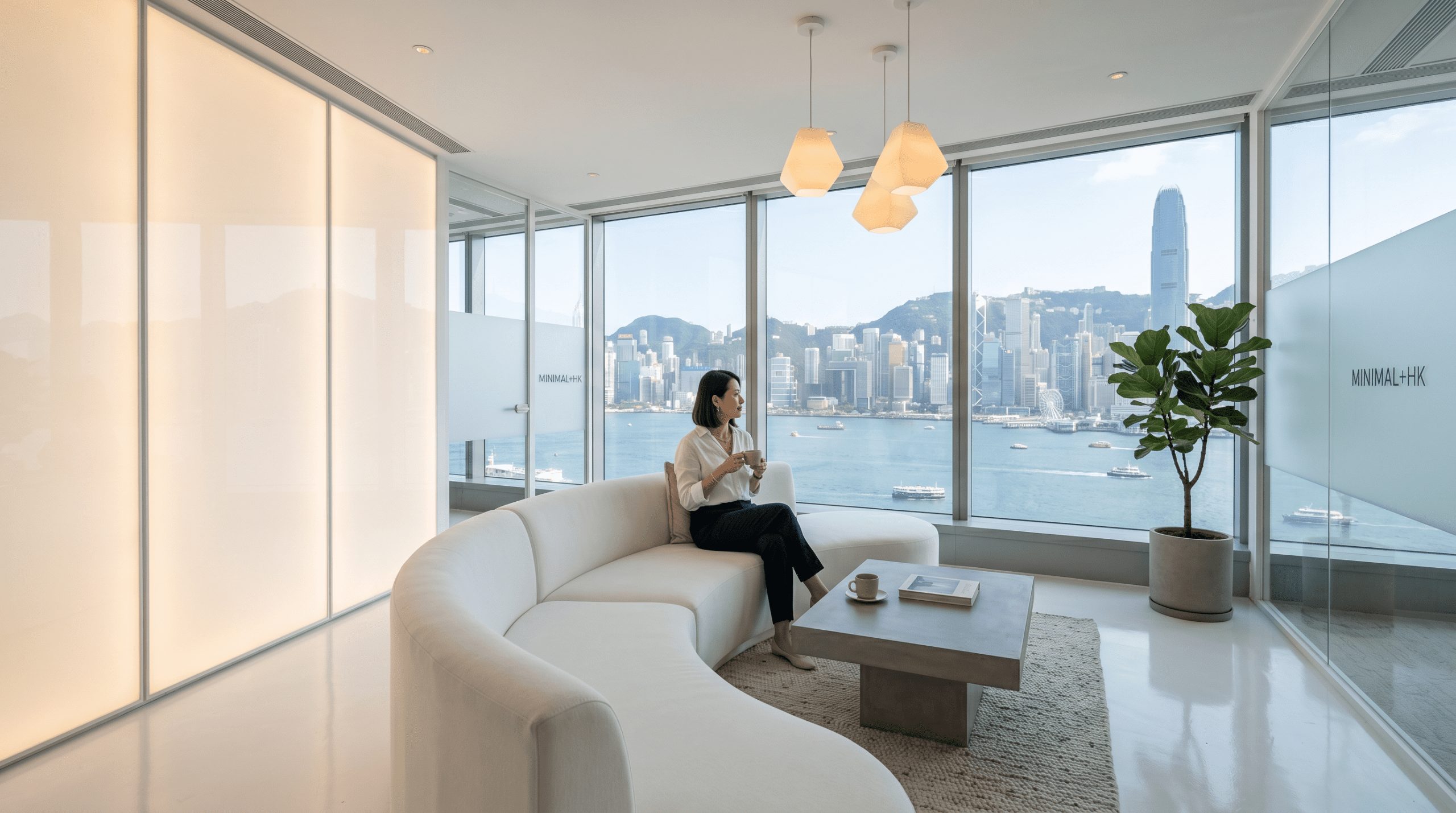 擁有維港景緻嘅甲級寫字樓休息區設計，展示咗弧形梳化與開揚景觀結合嘅空間優化佈局。