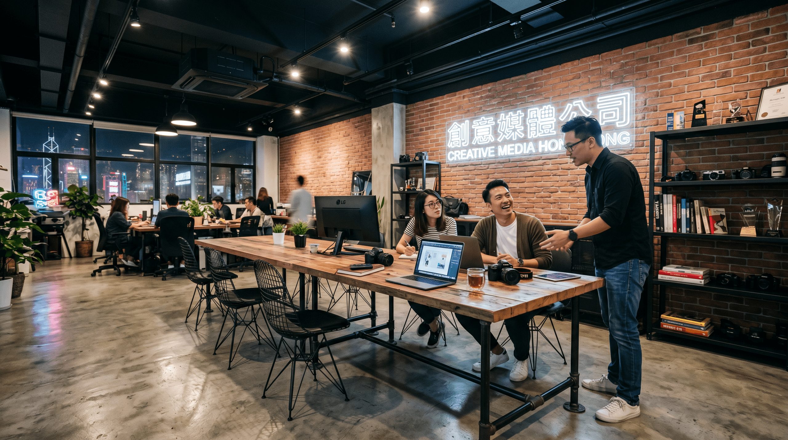 活力十足嘅共享空間佈局，透過磚牆與霓虹燈牌提升企業形象裝修，展示咗多功能嘅混合辦公室環境。