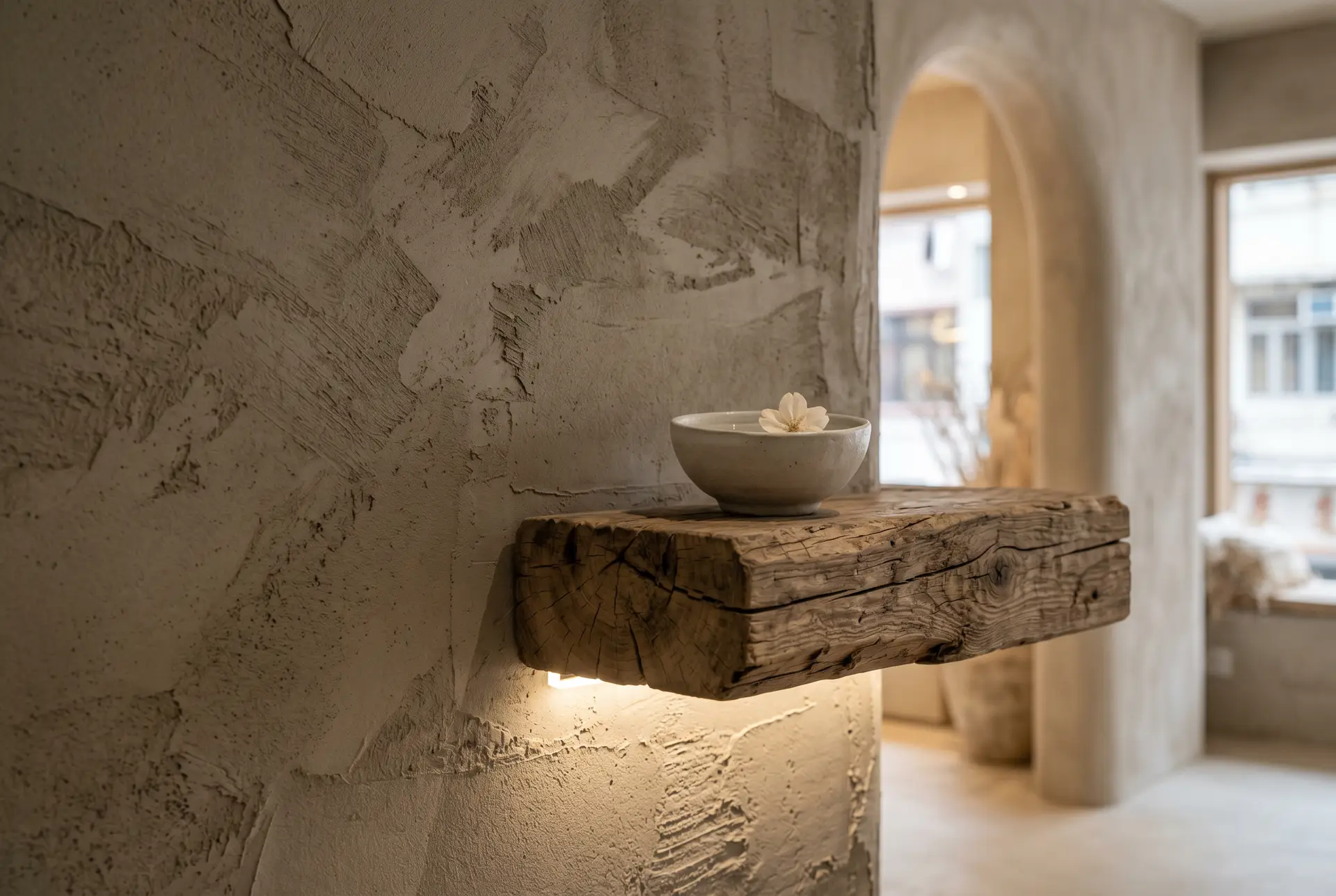 wabi_sabi_3_detail_1 侘寂風(Wabi-sabi)美容院裝修設計細節,展示天然質感的牆面飾面與藝術感裝飾,營造療癒系室內設計氛圍。