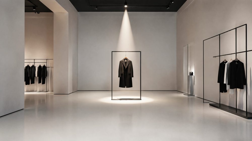 Gallery_Minimalism_001 極簡風格的時裝室內設計,利用單點商業燈光佈置聚焦特定商品,展現高級感的品牌空間設計與沉浸式零售體驗。