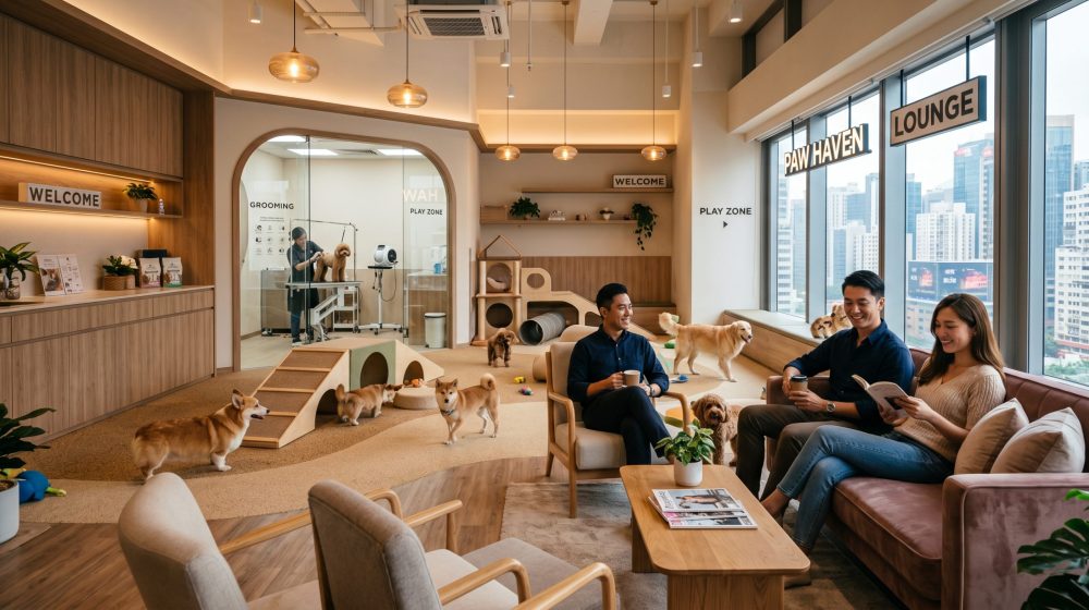 pet_design_04_overview_1 全方位寵物共融空間設計實景,包含寵物活動區、美容護理區及主人休息區,採用專業寵物空間材料打造舒適的寵物友善環境。